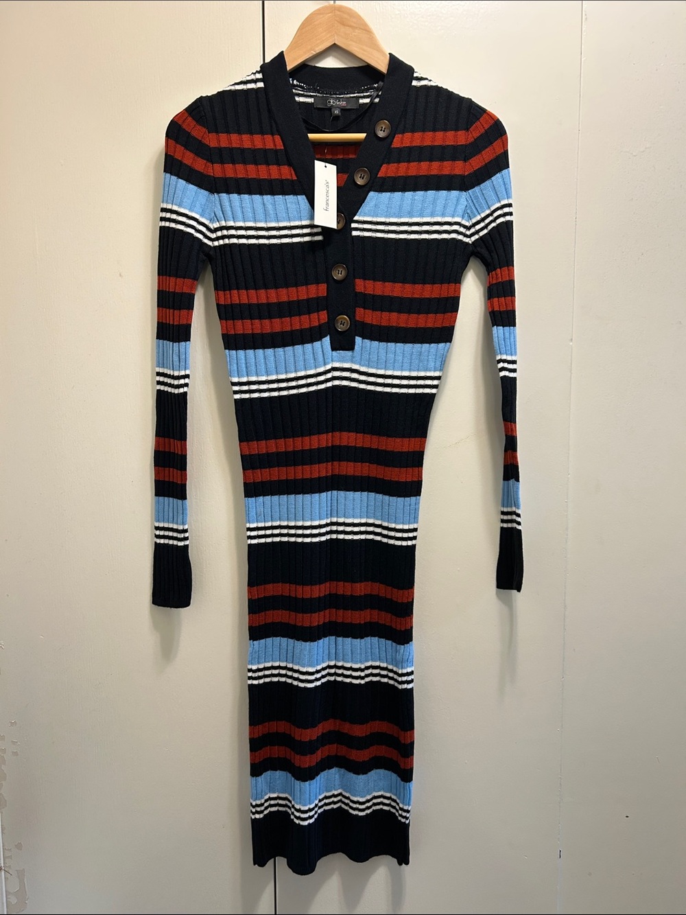 NWT GB Fashion Ribbed Striped Button-Front Long Sleeve Dress - Black/Blue/Red